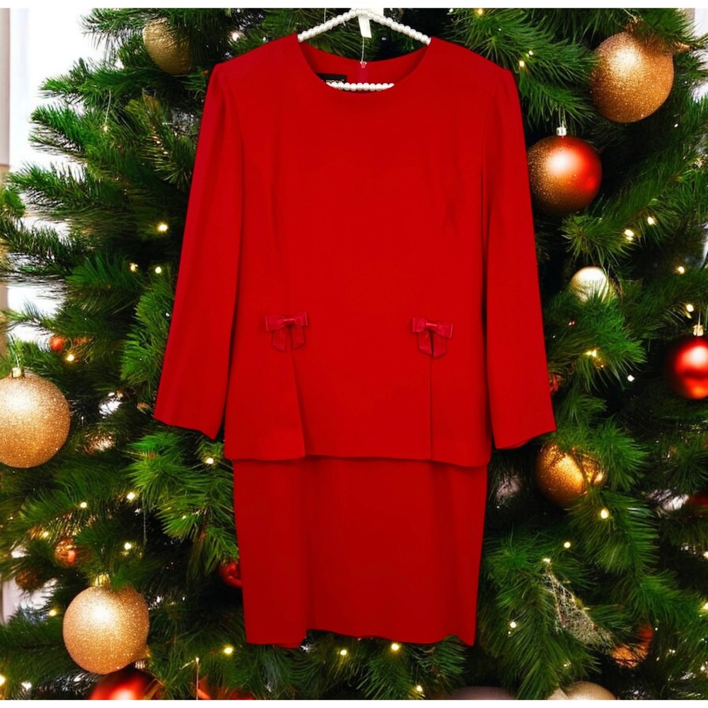 Vintage Donna Ricco New York Red Bow Detail Suit Dress Size‎ 14 Date Lipstick